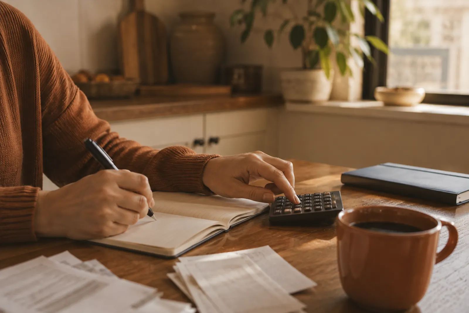 Hands working through a family budget with a notebook and calculator at a kitchen table